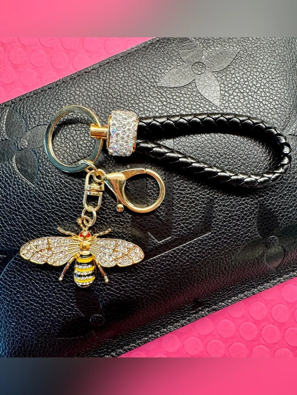 New Austrian Crystal & Metal Bee Purse Bag Charm Keychain w/ Woven Strap - 7”